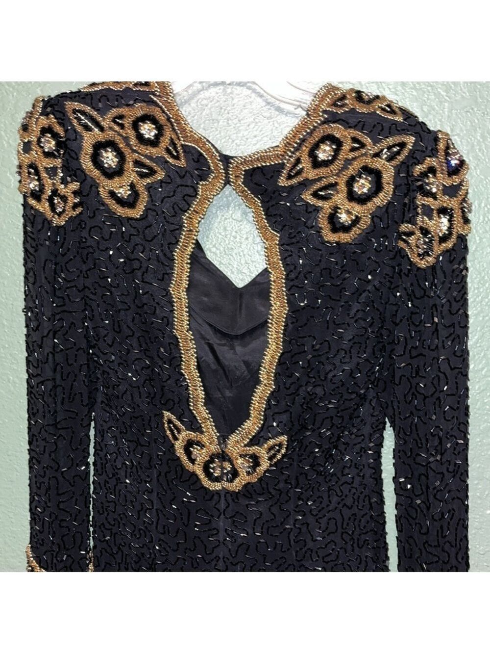 vintage long sleeve heavily beaded black and gold silk dress 70s 80s Morigana - Picture 5 of 8